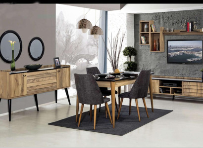Black -Brown Dining room Set Dining table 4x Chairs Sideboard Mirror 8pcs